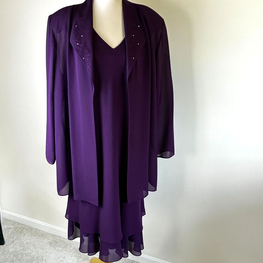 Vintage 90's Purple Chiffon 2-Piece Jacket Dress Set Rhinestone Formal Size 22